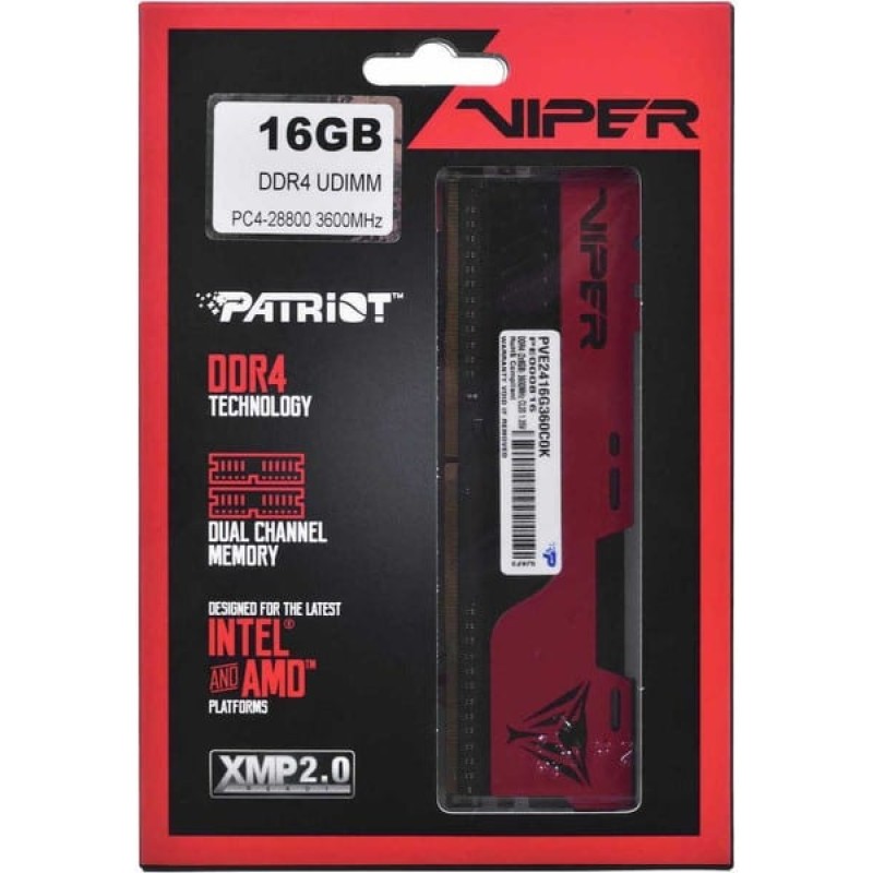 Patriot Viper Elite ΙΙ 16GB DDR4 RAM με 2 Modules (2x8GB) και Συχνότητα 3600MHz για Desktop (PVE2416G360C0K)