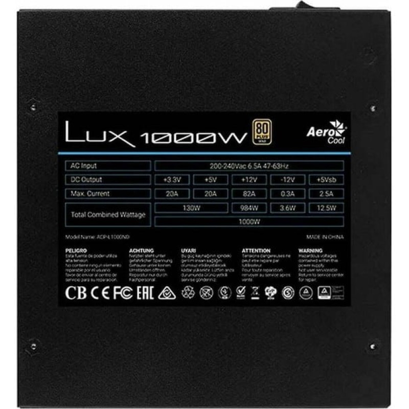 Aerocool Lux 1000W Τροφοδοτικό Υπολογιστή Full Wired 80 Plus Gold (AEROLUX-1000-80GOLD)