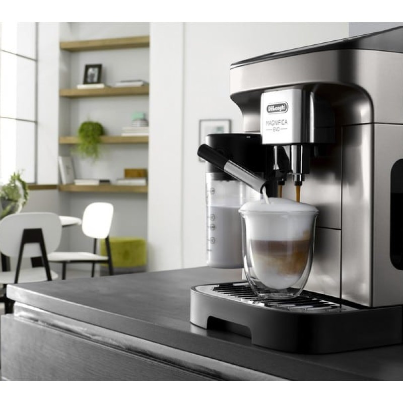 Delonghi Magnifica Evo Πλήρως Αυτόματη Μηχανή Espresso 1450W Πίεσης 15bar για Cappuccino με Μύλο Άλεσης Ασημί (ECAM 290.81.TB)