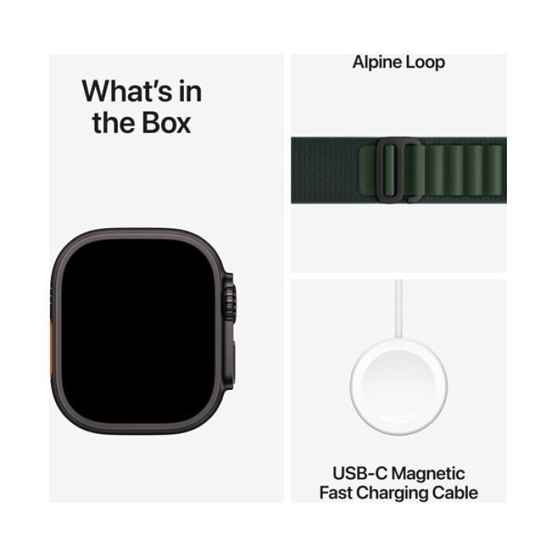 Apple Watch Ultra 2 2024 Titanium 49mm Αδιάβροχο με eSIM και Παλμογράφο (Black με Dark Green Alpine Loop - Large) (MX4T3FD/A)